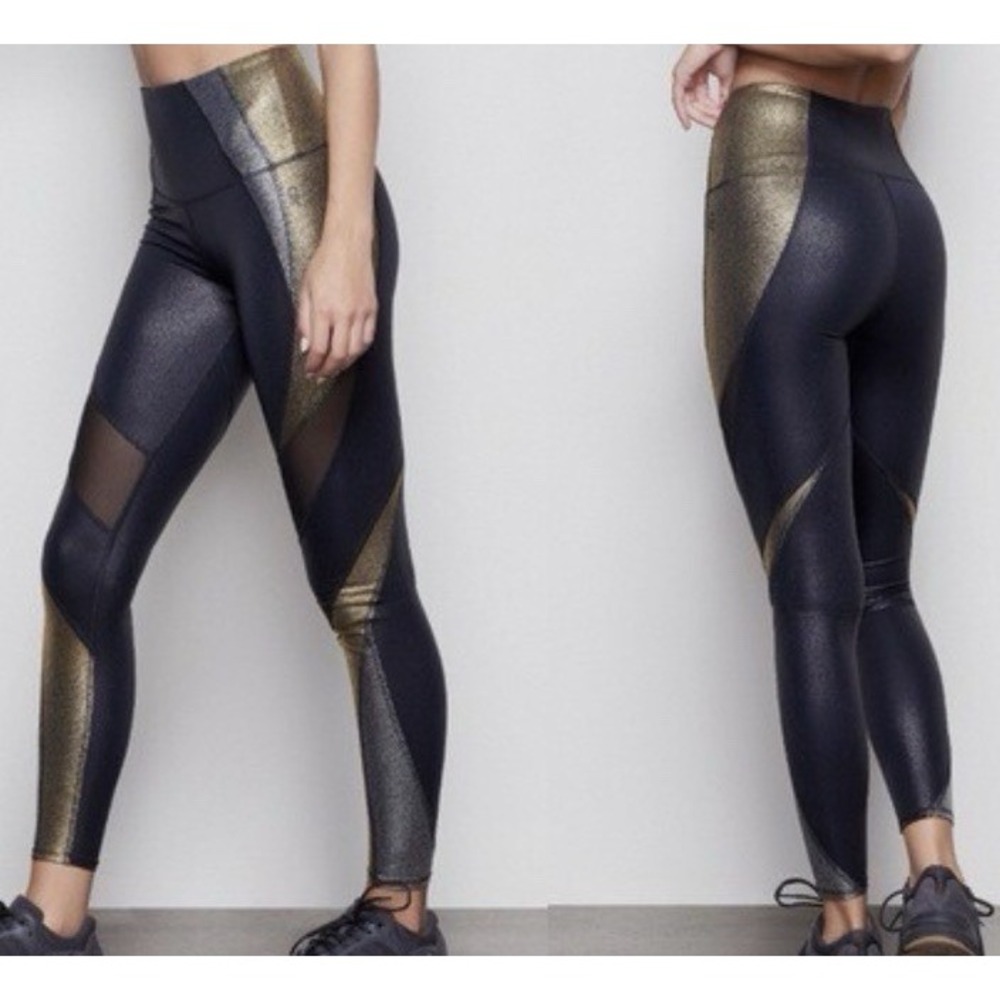 Good American Metallic Colorblock Mesh Leggings Black Gold Silver Size 2